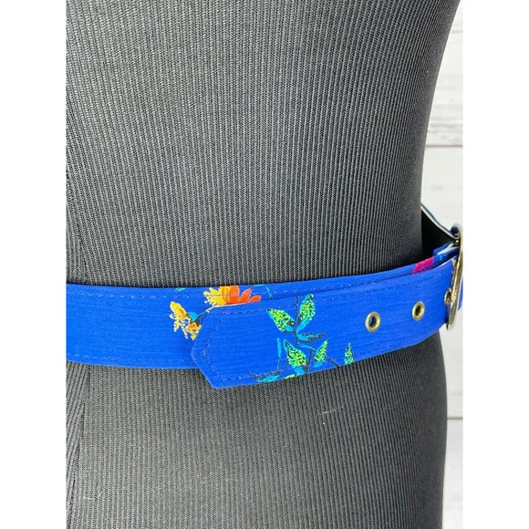 Blue Floral Print Oval Silver Buckle Style Women’s Belt‎ Art Deco Oriental - Picture 5 of 9